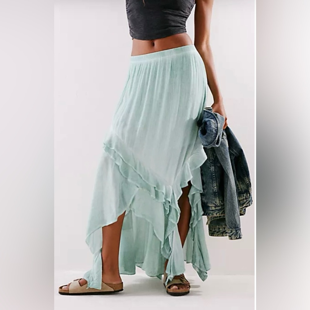 Free People Mint Green Ruffled Asymmetrical Maxi Skirt